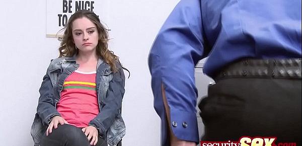  Brunette girl enjoys fucking the security guard instead of going to jail and she liked it